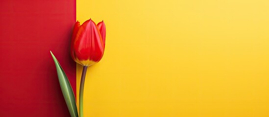 Poster - Yellow tulip with top view and isolated on red background Perfect for a copy space image