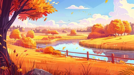 Wall Mural - Autumn rural scene with a river, trees, agricultural fields in the morning. Farmlands panorama in fall, countryside landscape with orange grass, a lake, a road, and a fence, modern cartoon