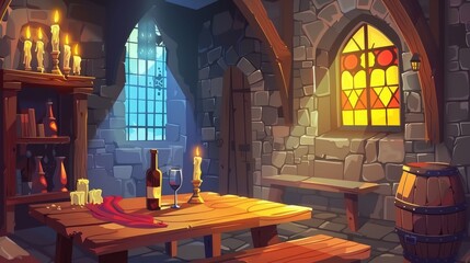 Poster - A medieval castle or dungeon room with wooden furnishings, candles and stained glass windows. An ancient tavern interior with beer and wine bottles on a table.