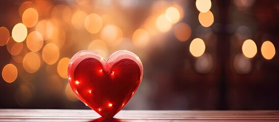 Aufkleber - A red wooden heart shape with blurred heart shaped lights in the background captured in a close up image with ample space for text or other elements
