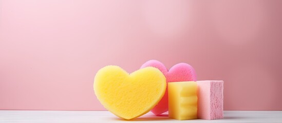 Aufkleber - Yellow dishwashing sponges detergent gel and a soft pink heart are displayed in the image providing ample copy space for text