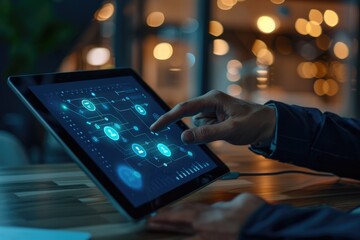 Poster - Person using a tablet computer on a table. Suitable for technology and education concepts