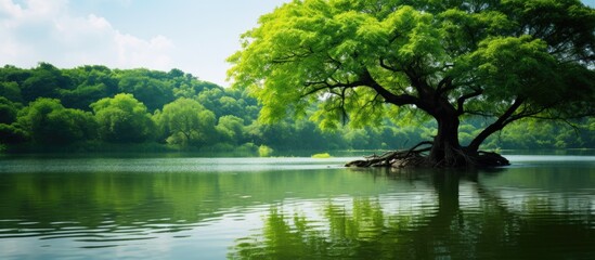 Poster - A serene pond with vibrant green leaves calm water and a majestic tree reflecting its image on the surface providing a perfect copy space image