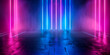 © Marek - Abstract neon background with glowing blue and purple lines on a dark floor in an empty room, a virtual show stage in the style of a night club interior design, a mock up for presentation