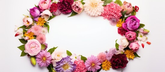 Poster - White background flat lay with a round decorative frame of artificial flowers Copy space image for postcard or greeting card