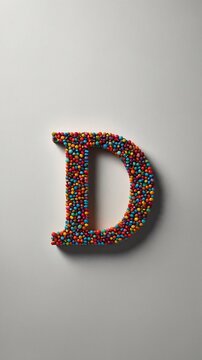 Large, capital letter d takes center stage in this image, completely covered by multitude of small, spherical candies in variety of vibrant colors such as red, blue, yellow. Candies densely packed.