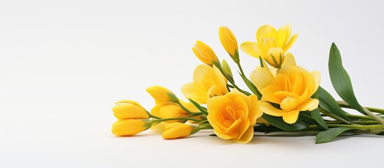 Wall Mural - A white background with a bright yellow freesia flower perfectly framed and ready for use as a copy space image