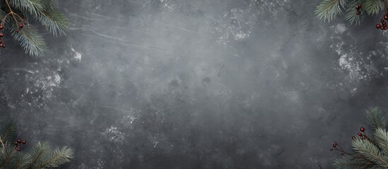 Poster - A Christmas themed background with a copy space image featuring a frame made of fir branches against a gray tile backdrop