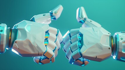 Wall Mural - Robotic hands isolated illustration, chatbot palms gestures and body language symbols victory, thumb up, ok, rock. Futuristic blue and white arms with wires. 3D Illustration.