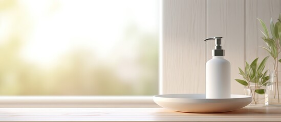 Poster - Copy space image of a product display on an empty tabletop with a blurred bathroom interior serving as the background