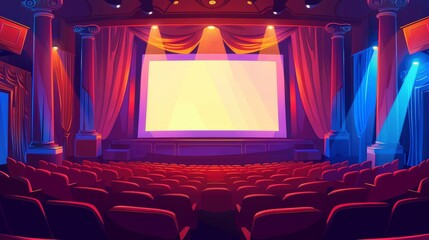 Poster - An empty concert hall interior with a blank screen and light illumination. Scene from a movie theater with a screen, red curtains, roman columns, and spotlights. Cartoon modern illustration.