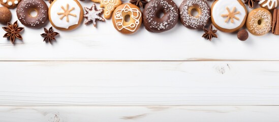 Aufkleber - White wooden background with gingerbread cookies and donuts perfect for adding text in the open space image. with copy space image. Place for adding text or design