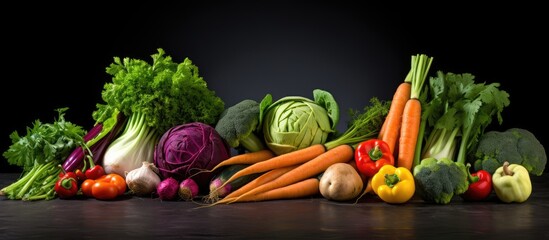 Poster - A selection of vibrant vegetables is displayed on a smooth dark gray slate The background provides ample empty space for additional content