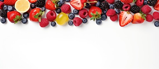Poster - A top view of various types of berries including strawberries blueberries and apricots arranged on a white background created for copy space image