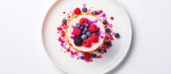 Poster - A top down view of a dessert cake presented on a colorful plate with ample space around it for copying The image is isolated on a white background
