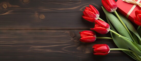 Poster - A romantic Valentine s Day scene with a gift box vibrant red tulips and a wooden table with plenty of empty space for a captivating image. with copy space image. Place for adding text or design