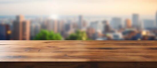 Poster - In a room with blurred background there is a wood table top that offers empty copy space for various purposes