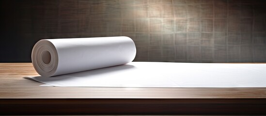 Aufkleber - On the table there is a roll of paper with a blank area for text. with copy space image. Place for adding text or design