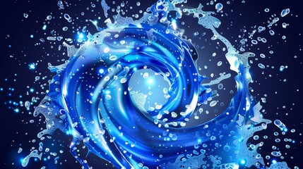 Poster - Clean effect swirl with soap bubbles and sparkling sparks. Blue abstract foam with sparkling vortex. Cartoon dynamic elements for design of washing powder and shampoo ads.