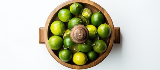 Aufkleber - A top down view of a wooden juicer and fresh limes on a white background providing ample copy space in the image