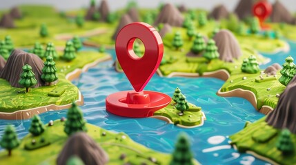 Poster - An illustration of a red locator sign on a map with a travel route to the destination and an exclamation mark. The icon represents search and reach.