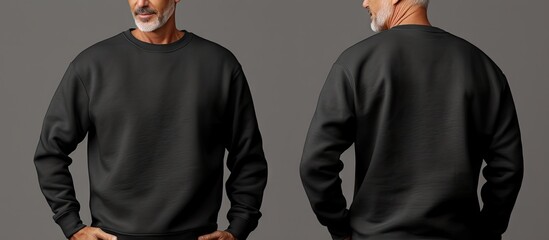 A template of a black sweatshirt with a middle aged man isolated and with copy space A set of male sweatshirts with mockup designs and the option to showcase a like sign Front and back views are avail