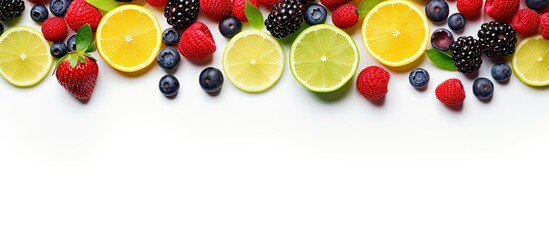 Aufkleber - Top view of a white background with a selection of fresh fruit and berries creating a lime lemon raspberry and blueberry pattern for a healthy organic summer food and drink concept Copy space image av