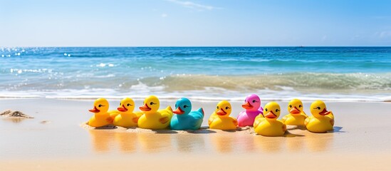 Poster - A vibrant scene of plastic ducks joyfully adorning the sandy beach with endless possibilities for a perfect copy space image