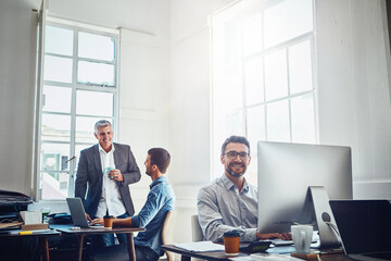 Leinwandbilder - Man, portrait and co working office with team for research and product development for company with innovation. Business people, conversation and collaboration for problem solving and risk management