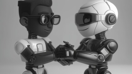 Poster - Black and white businessmen shaking hands in a cartoon illustration after negotiating online, signing a contract, meeting distantly.