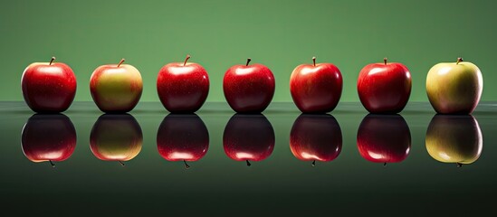 Aufkleber - A unique perspective of a row of red apples is showcased on a table captivating attention with a solitary green apple Copy space image
