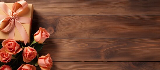 Aufkleber - A wooden background adorned with peach roses and a gift box tied with a ribbon Viewed from above there is ample space for adding text