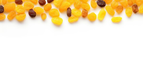 Poster - A copy space image of yellow raisins seen from above set against a white background allowing room for text