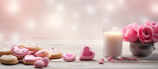 A white table with homemade heart shaped Valentine s Day cookies pink roses and a candle providing a copy space image