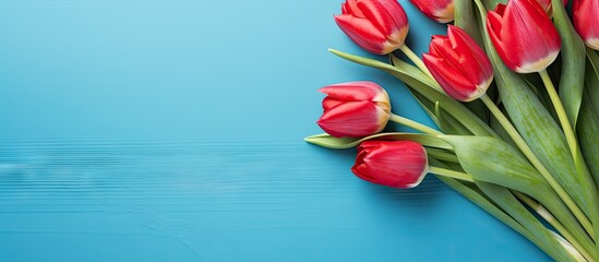 Aufkleber - Red tulip bouquet and card on a bright blue table background creating a design concept for a Mother s Day holiday greeting gift with copy space image