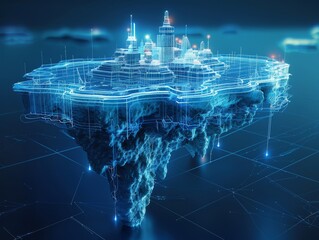 Leinwandbilder - A wire-frame hologram of the floating island, with glowing blue lines forming an intricate pattern around the iconic structure against an isolated dark background. Generative AI.