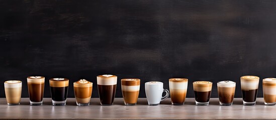 Poster - A copy space image showcasing various coffee types like latte espresso mocha and cappuccino presented in a range of cups and containers with different styles