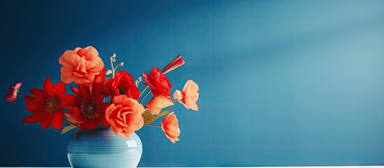 Poster - Sunlight illuminates a blue vase filled with vibrant red flowers creating a captivating copy space image