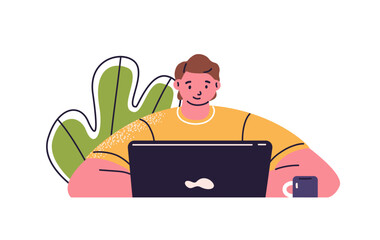 Fototapete - Young man sits at the desk behind computer, works at office or home. Student studies remote with laptop. Person at the table watching on screen. Flat isolated vector illustration on white background