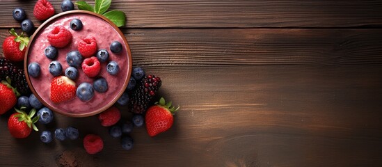 Poster - A top down view of a wooden table showcasing a bowl filled with raspberry smoothie and an assortment of berries leaving space to add text or images. with copy space image