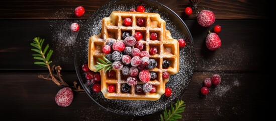 Poster - A top down view of a food background showcasing organic and healthy Belgian waffles served as a Christmas and New Year dessert option on a menu The image provides ample copy space for text
