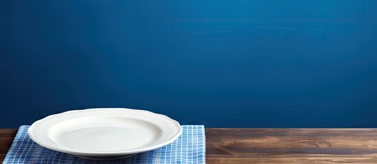 Poster - Copy space image of a white wooden table with a new blue tablecloth featuring an empty plate on top