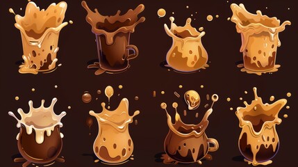 Poster - An animation sprite sheet containing splashes of drink, tea, coffee and cocoa. Modern cartoon set of splatters and drops of brown liquid.