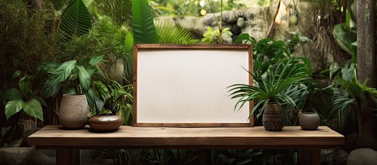 Poster - A vintage wooden table displays a mock up photo frame surrounded by lush monstera leaves and aloe vera plants in clay pots creating a visually appealing room interior. with copy space image