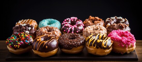 Wall Mural - A selection of vibrant traditional fried gourmet donuts displayed next to a chalkboard with ample room for text or images