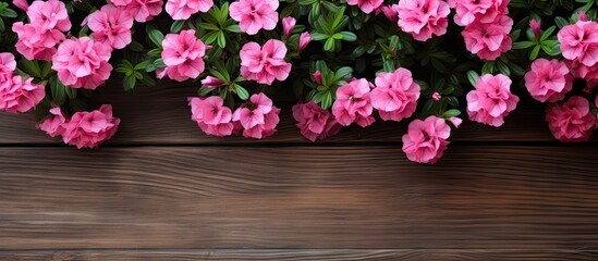 Poster - Wooden background with a beautiful arrangement of pink flowers and greenery providing a pleasing copy space image