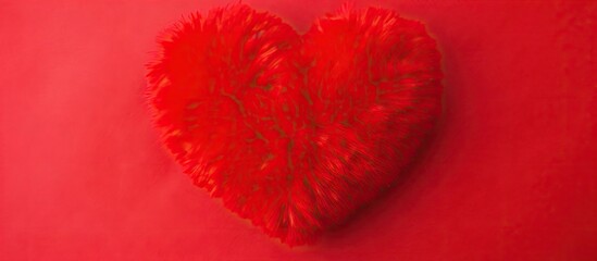 Aufkleber - Top view copy space image of a soft toy heart on a vibrant red background setting the mood for a Valentine s Day love background Perfect for creating banners or designing cards