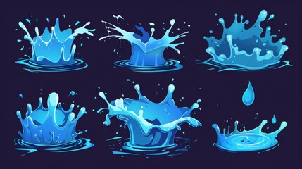 Poster - Illustration of a blue crown splatter stream with drops, vfx animation sprite sheet. Stages of liquid aqua splashing motion design elements.