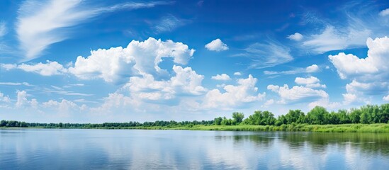 Poster - The river beneath showcases a picturesque panorama of a radiant blue sky adorned with stunning clouds leaving ample copy space for an image