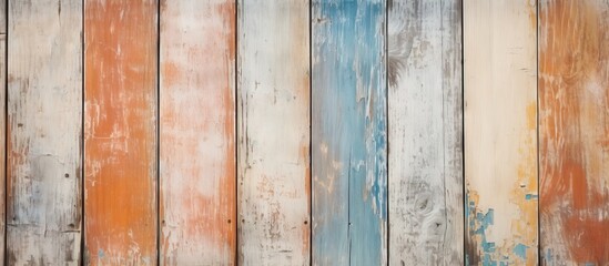 Poster - Street fence made of worn wooden boards Peeling paint reveals faded texture Ample empty area for copy space image